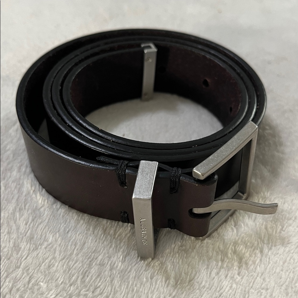 Allsaints 30mm Dark Brown Leather Logo Loop Belt Silver Buckle Hardware Size S